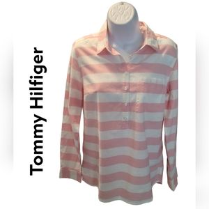 Tommy Hilfiger Boyfriend Fit Long Sleeve Shirt Striped Pink White Women's Size S